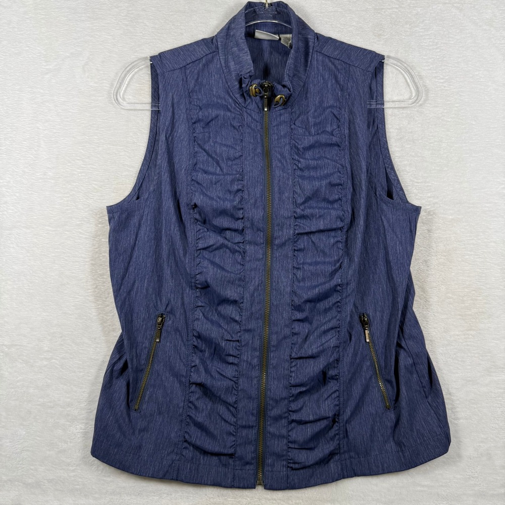 Zenergy by Chicos Blue Ruched Full Zip Mock Neck Vest Size 1 Medium 570211214